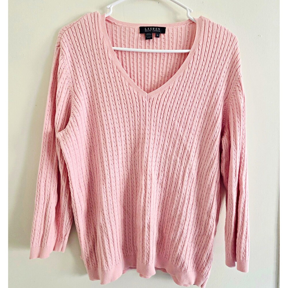 Lauren Ralph Lauren Women’s Pink Cotton Ribbed V-Neck Pullover Sweater XL